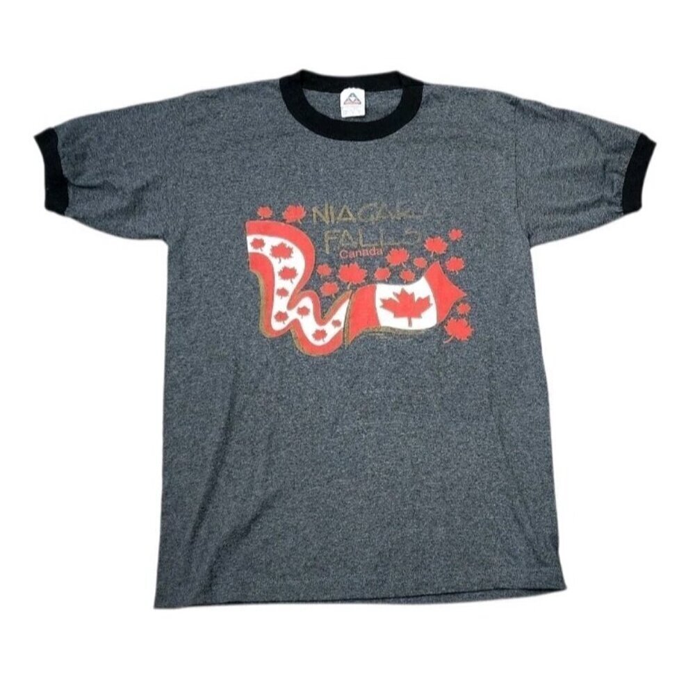 Vintage 90s Niagara Falls Ringer Tee Grey Graphic Canada Medium  Maple Leaf